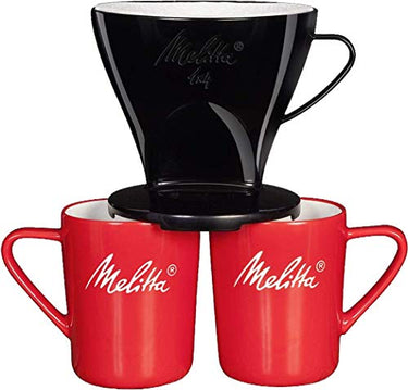 Melitta Kaffee-Set, Kaffeehalter für Filtertüten und Porzellan-Tassen (2 Stück), Kaffeefilter 1x4 Standard, Kunststoff und Porzellan, Schwarz und Rot, 217939 im Sale